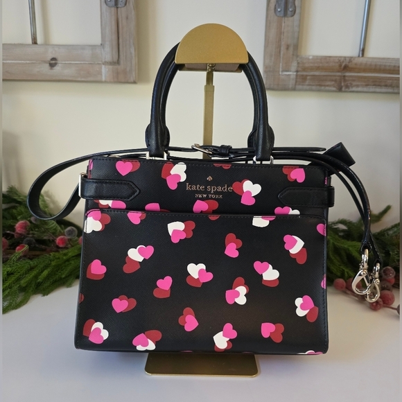 kate spade Handbags - Kate Spade Medium Staci Flutter Hearts Satchel-Crossbody Black Saffiano Leather